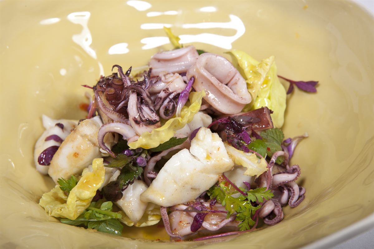 INSALATA DI PESCE CON ERBE ASIATICHE (Salat von gemischten Fischen mit Zitronenmelisse, Koriander und sizilianischem Chili)