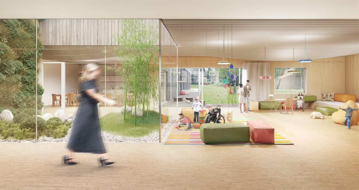 Rendering Innenansicht: Die Malteser Kinderhilfe schafft mit dem Bau des HILDE UMDASCH HAUS in Amstetten zehn neue, stationäre Pflegeplätze für schwer kranke Kinder und Jugendliche, bei denen hochkomplexer Pflegebedarf gegeben ist