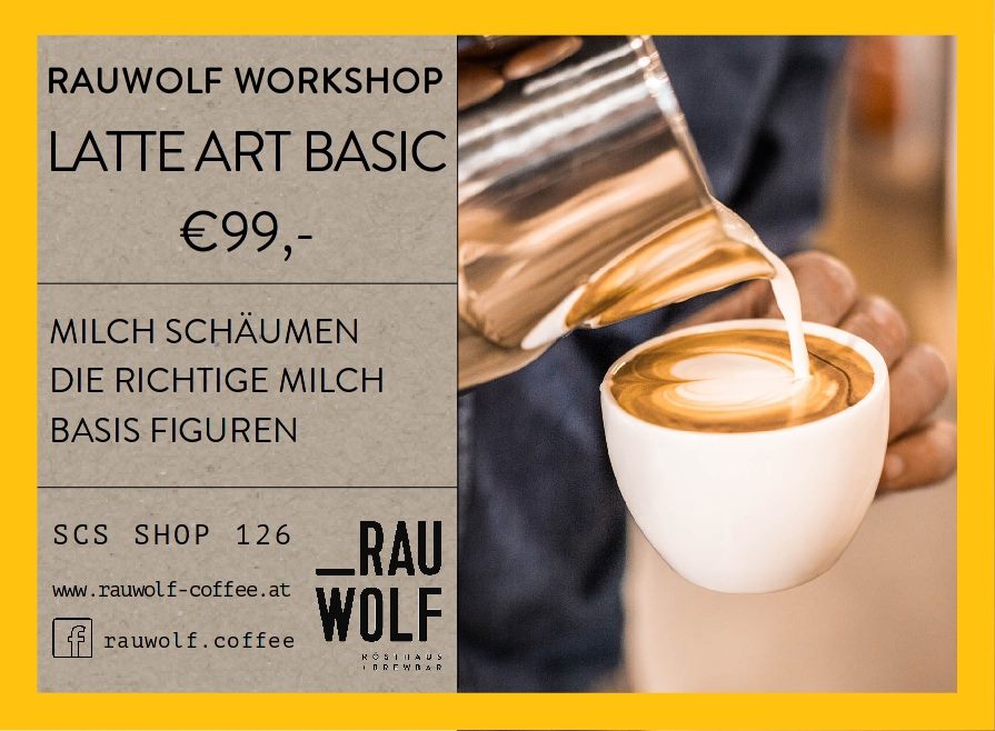 RAUWOLF Workshop-Gutschein Latte Art Basic, erhältlich im RAUWOLF Rösthaus + Brewbar in der SCS und im Onlineshop unter www.rauwolf-coffee.at
