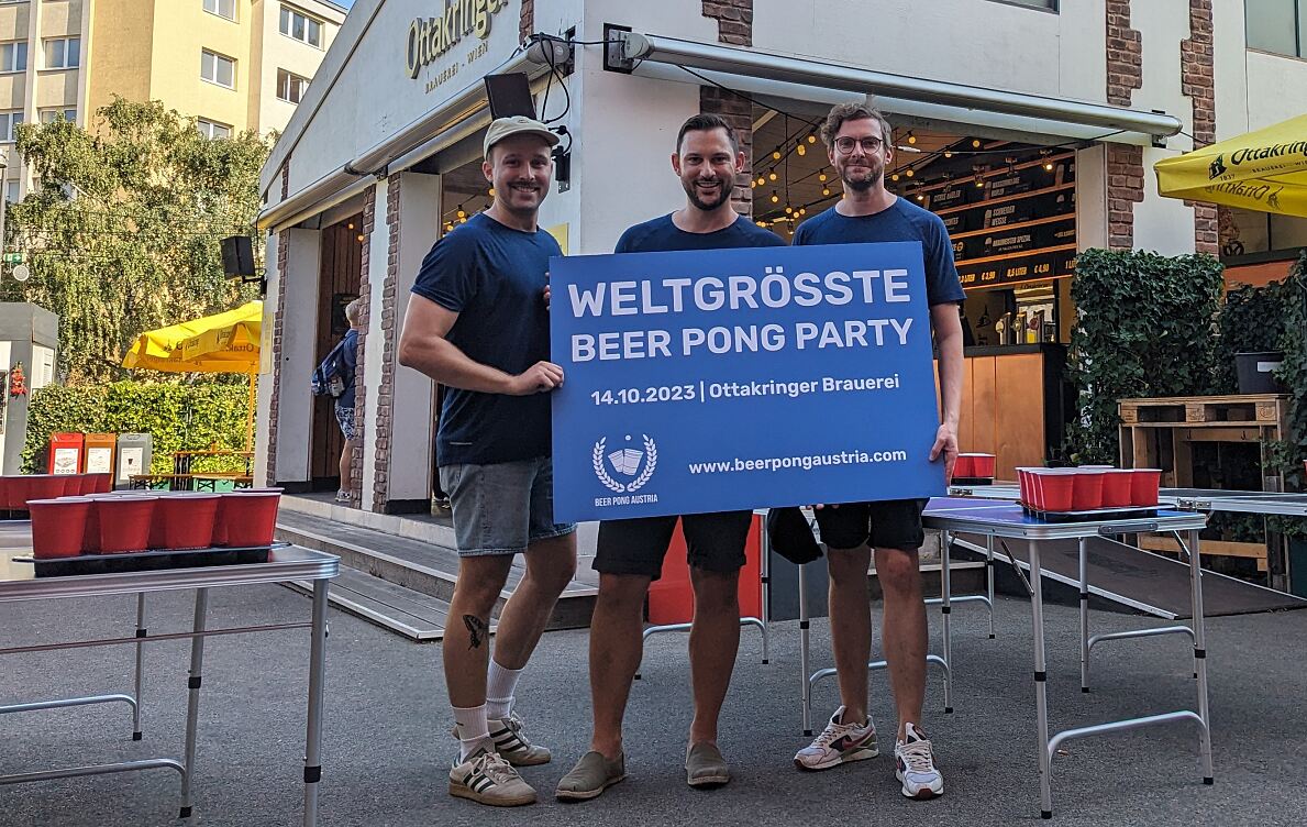 Die Veranstalter des weltgrößten Beer Pong Turniers Tobias Schweiger, Wolfgang Hüller und Johannes Brenner