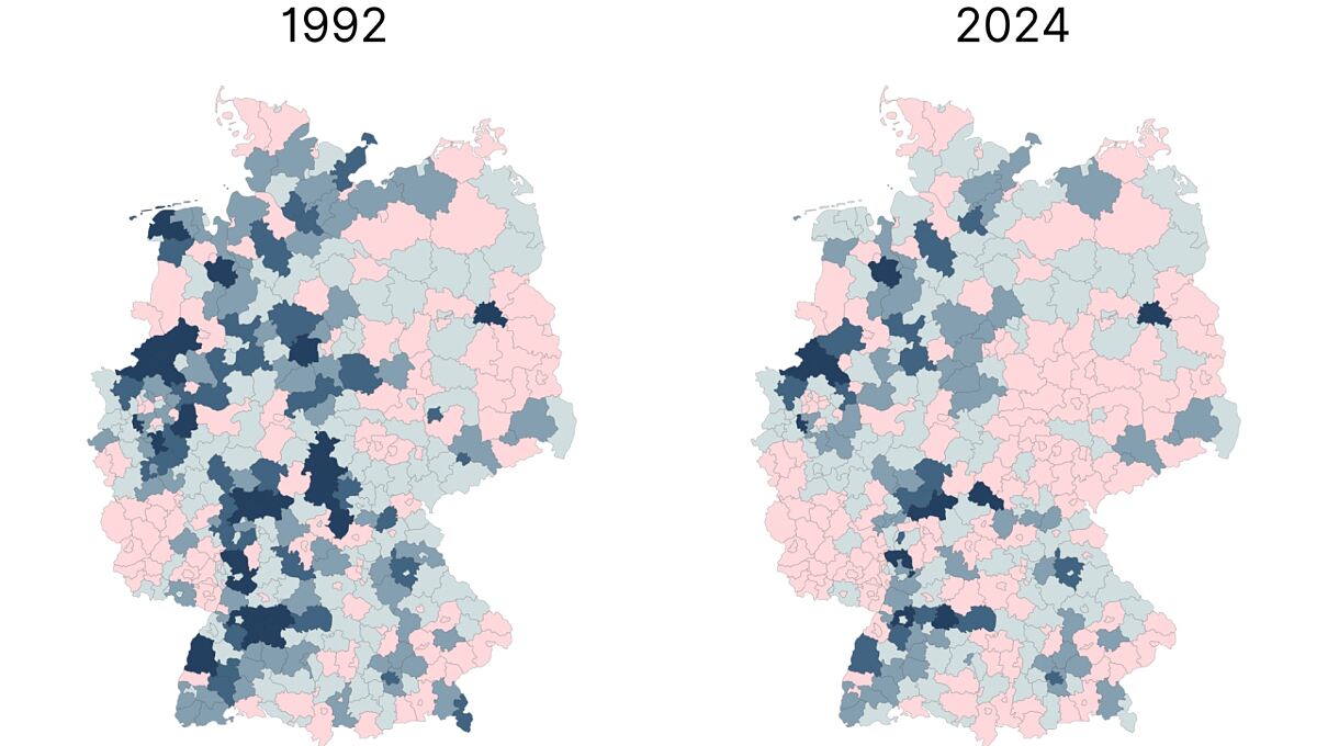 Karte Zeitungsschwund in Deutschland 1992 vs. 2024